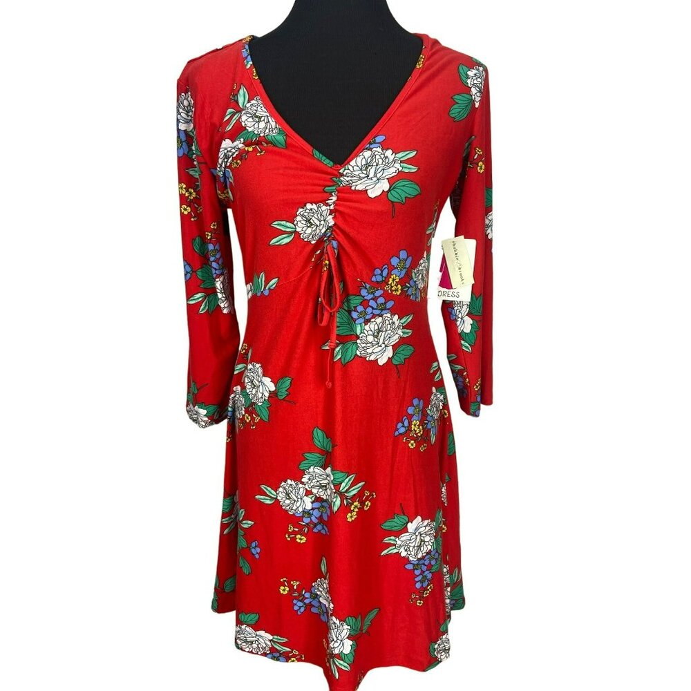 Bobbie Brooks Red Soft N' Cozy Floral 3/4 Sleeved Knee Length Dress